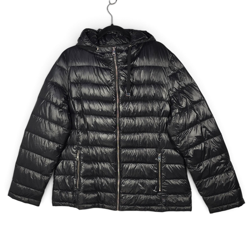 Andrew Marc Jacket Womens XL Packable Down Puffer Black Hooded Lightweight EUC